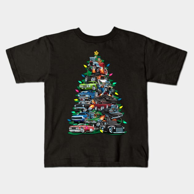 Car Madness Christmas Tree! Classic Muscle Cars and Hot Rods Kids T-Shirt by hobrath